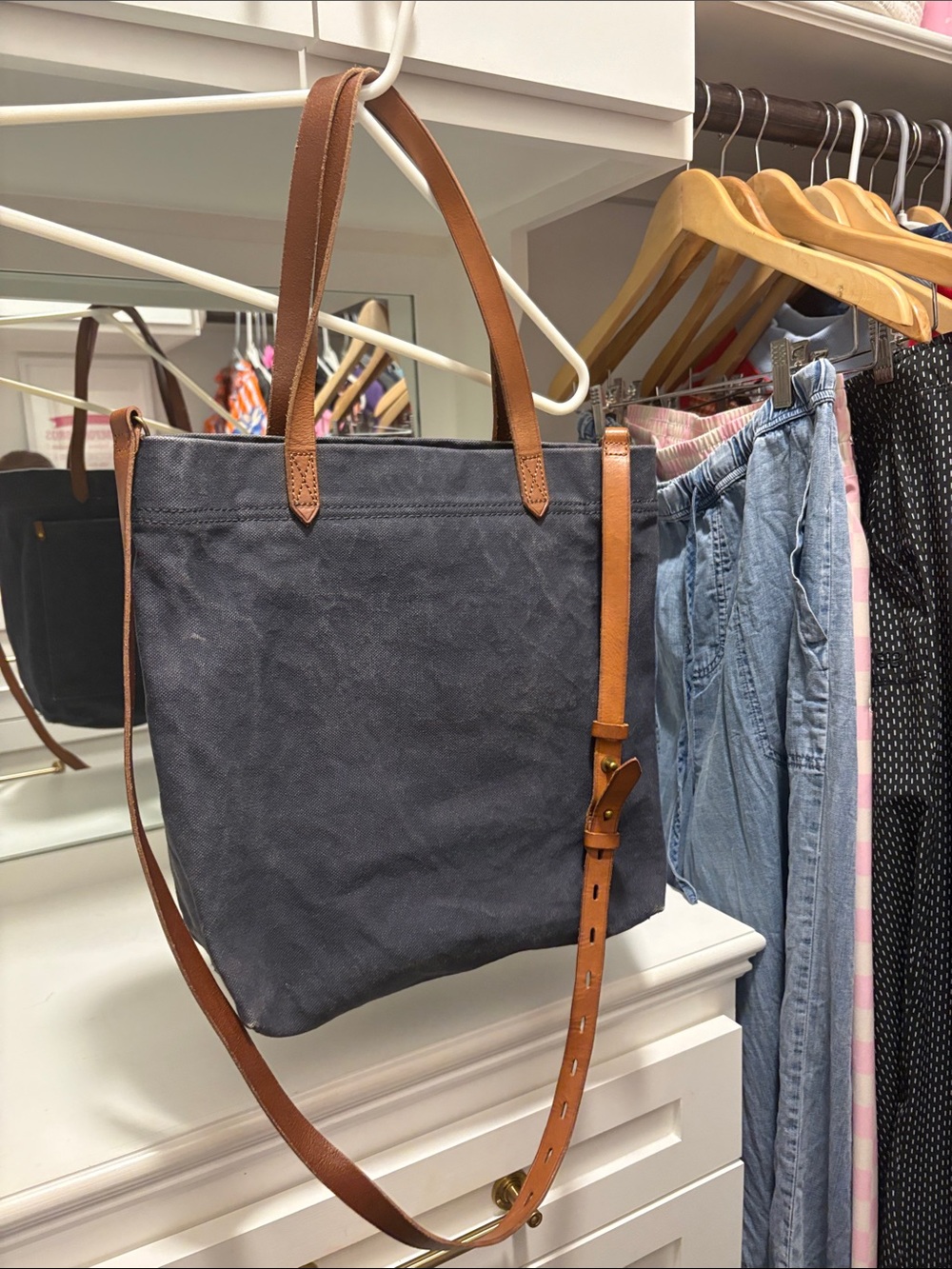 Madewell Navy Canvas Tote with Tan Leather Straps